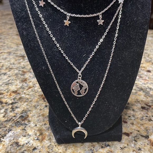 Silver Crescent Moon Layered Necklace - Picture 8 of 11